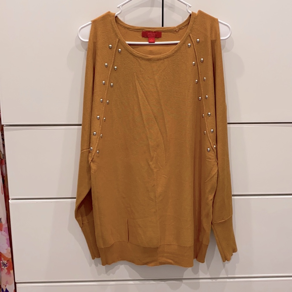 Sweater. Cold shoulder light sweater. Dark mustard